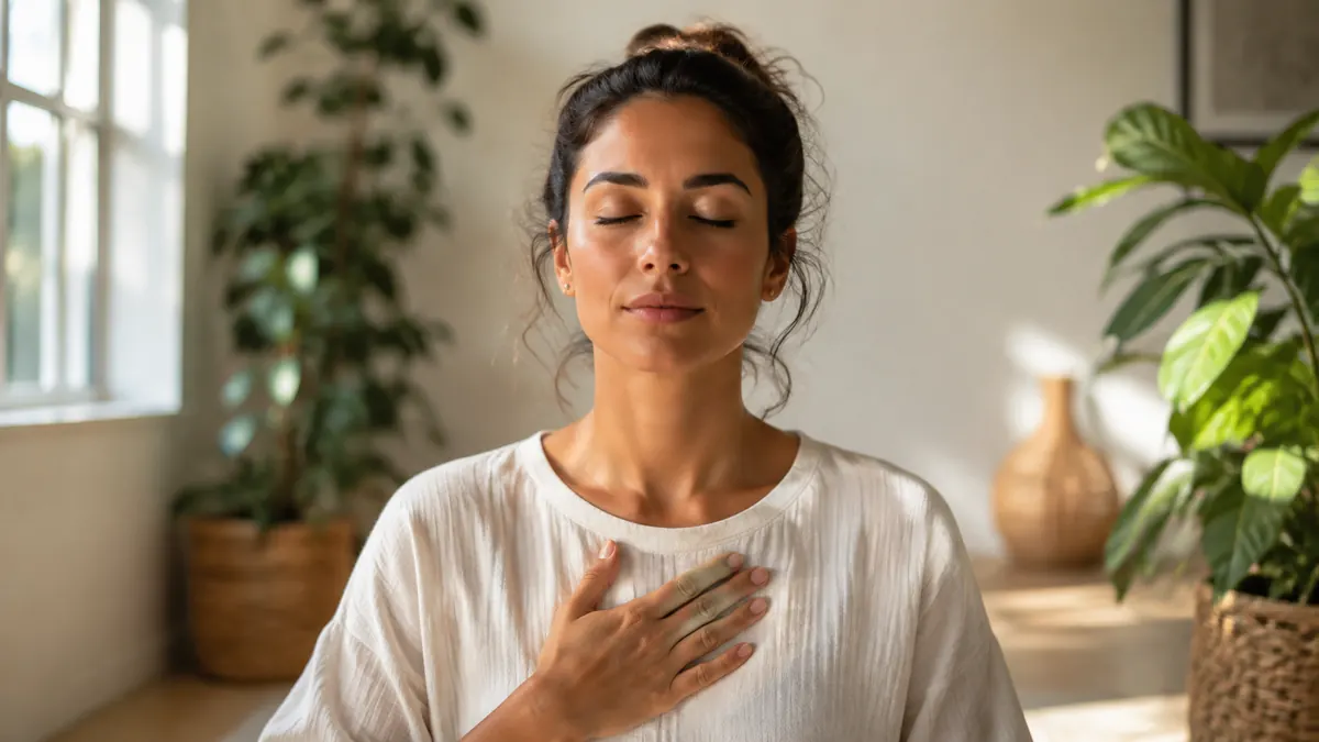 Persona adulta practicando respiración consciente en una habitación luminosa con plantas