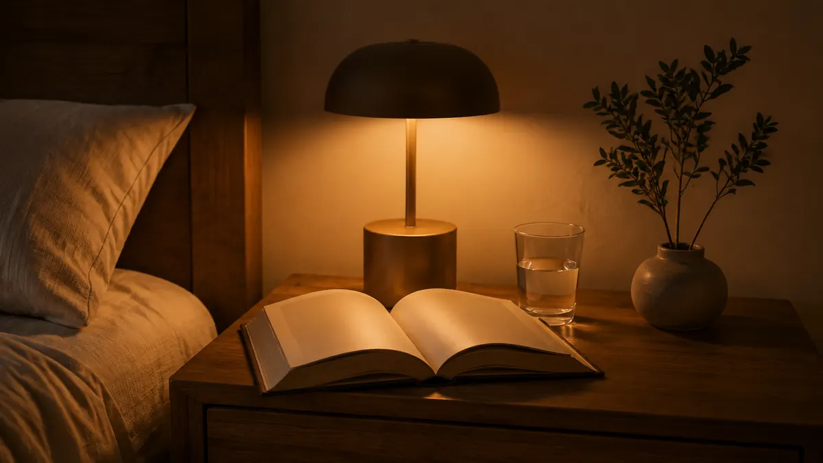 Mesa de noche con novela, vaso de agua y lámpara ámbar en un dormitorio acogedor