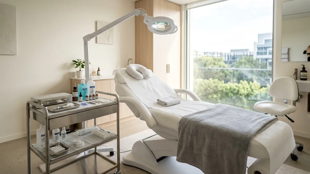 Cabina de estética y micropigmentación paramédica con camilla ergonómica, lámpara lupa y carrito esterilizado.
