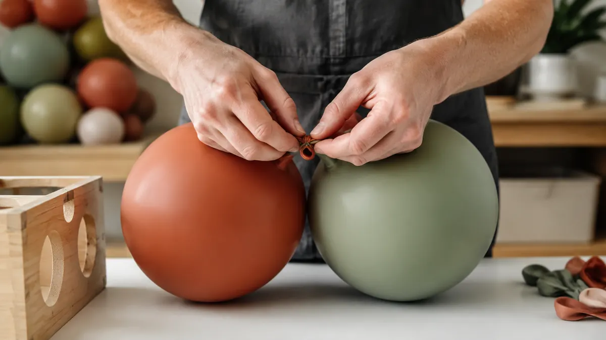 Manos formando una dupla de globos mate con una caja de calibración de madera