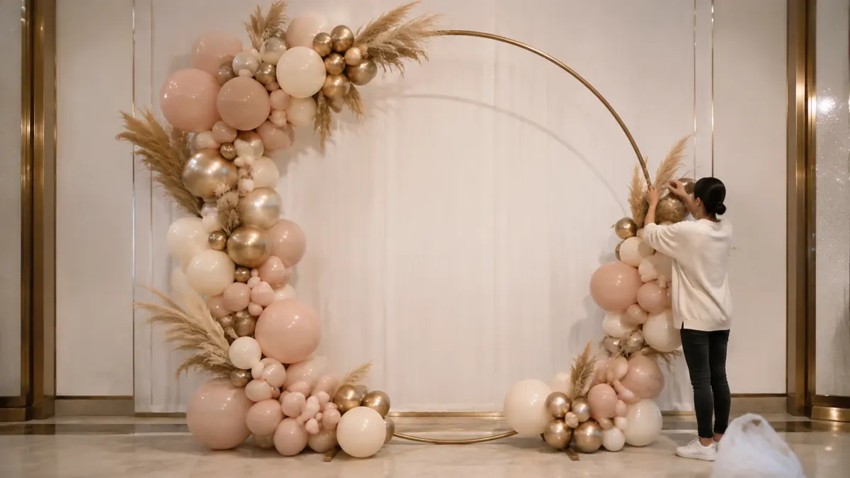 Montaje de un arco orgánico de globos sobre una estructura circular dorada