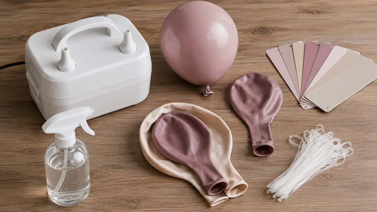 Herramientas para inflado y técnica de doble globo sobre una mesa de madera