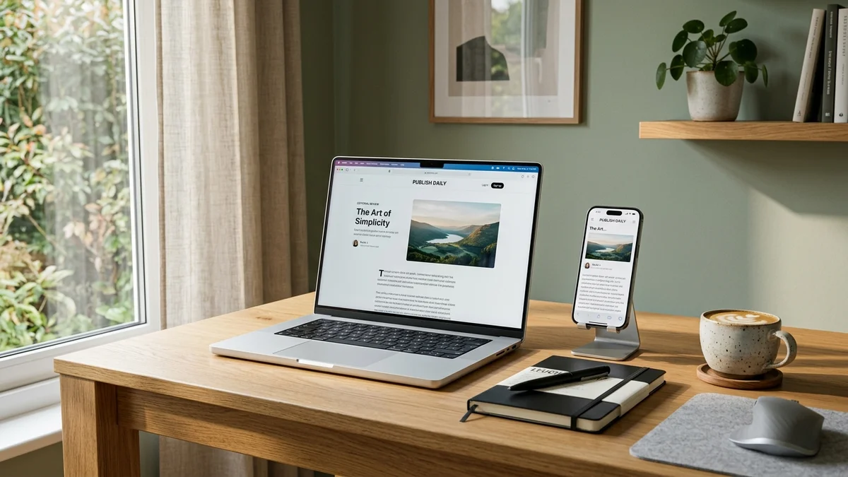 Espacio de trabajo ordenado con ordenador portátil, libreta de anotaciones estratégicas y comprobación técnica de enlaces en smartphone.