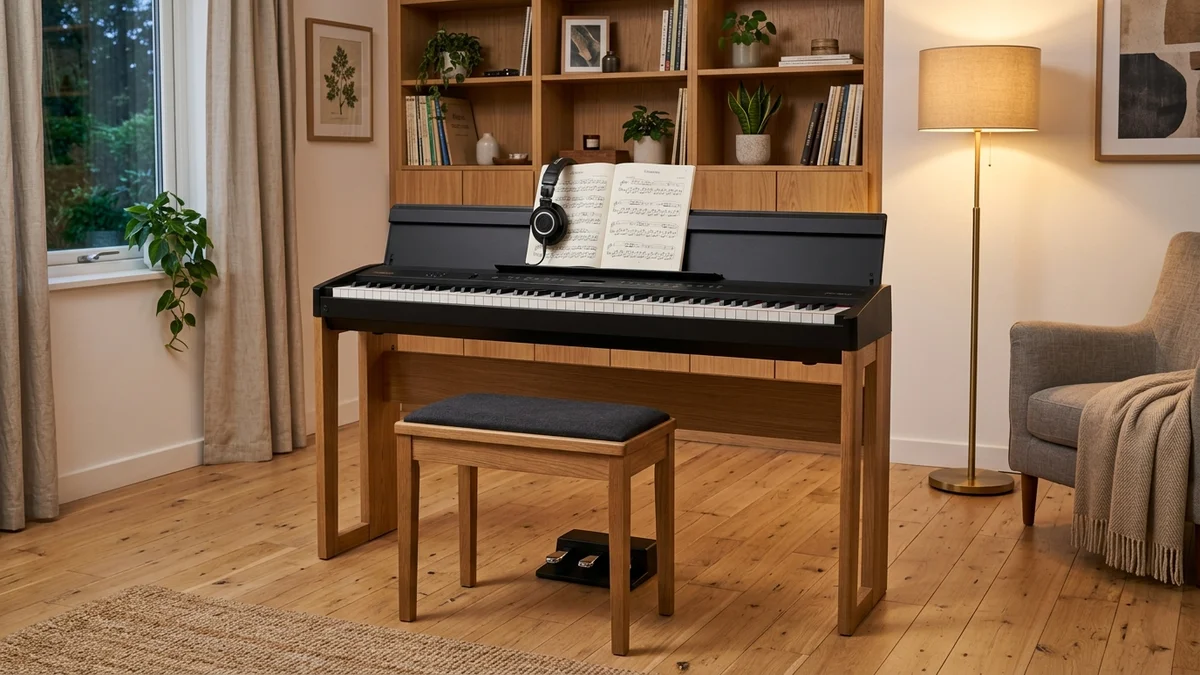Setup de estudio doméstico con piano digital de 88 teclas contrapesadas en soporte de madera, banqueta y auriculares.