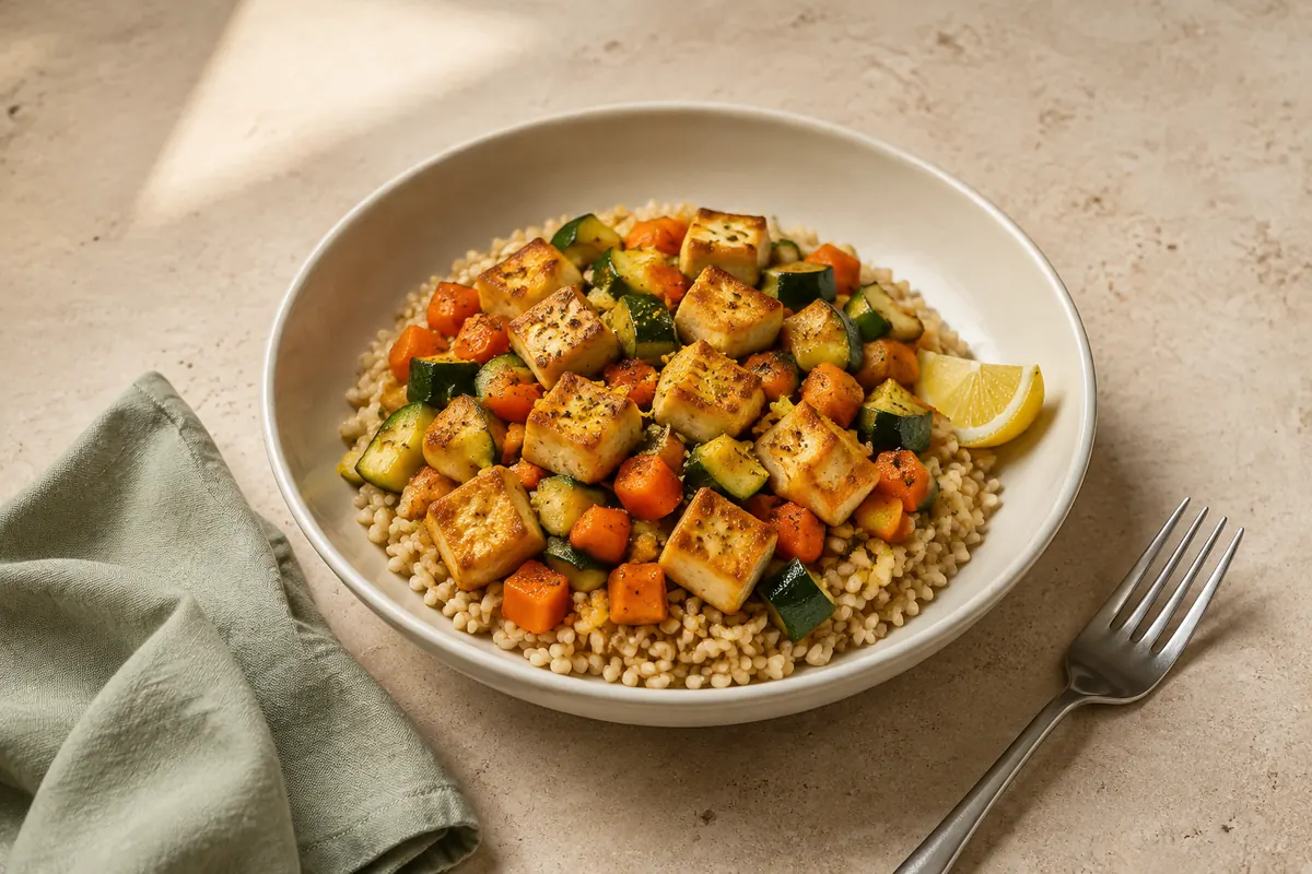 Cuenco de arroz con cubos de tofu dorado, calabacita y zanahoria.