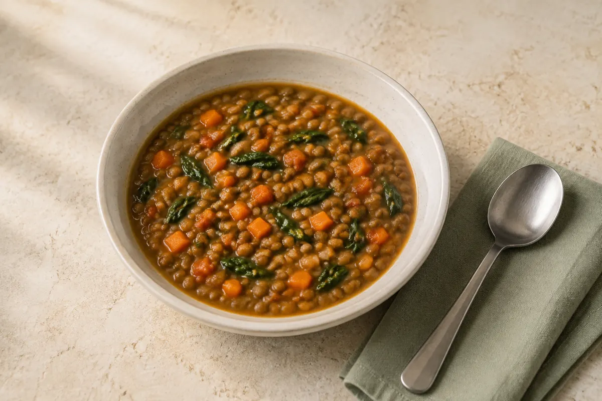 Sopa espesa de lentejas con zanahoria, tomate y espinaca.
