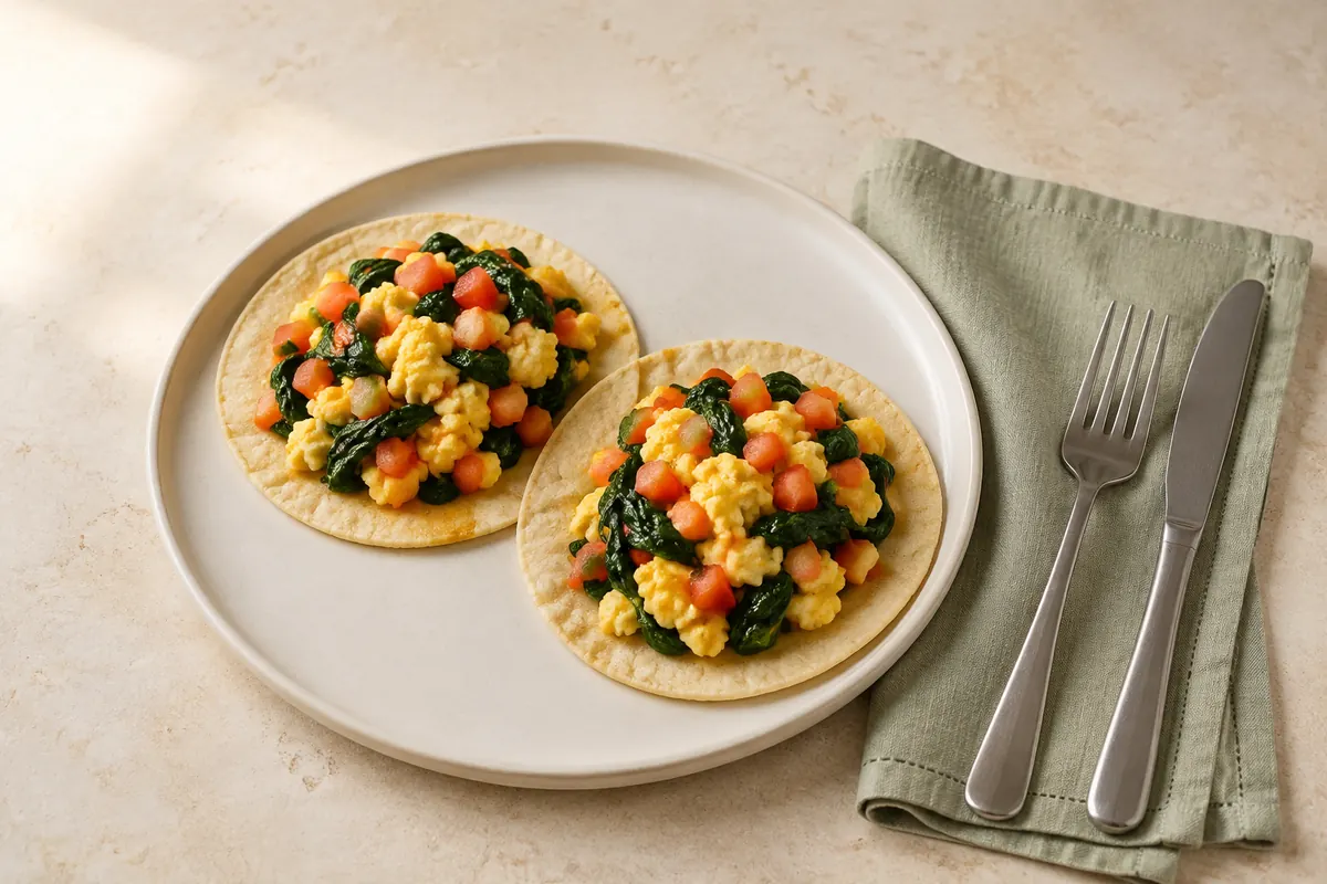 Dos tortillas de maíz con huevo revuelto, espinaca y tomate.