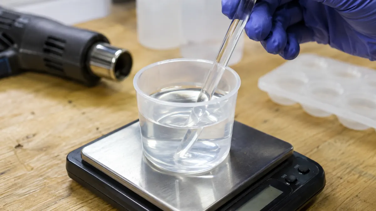 Pesaje de resina epoxi transparente en un vaso de mezcla sobre una báscula de precisión