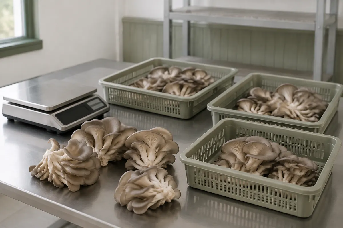 Orellanas cosechadas junto a una báscula y bandejas ventiladas en una mesa de clasificación.
