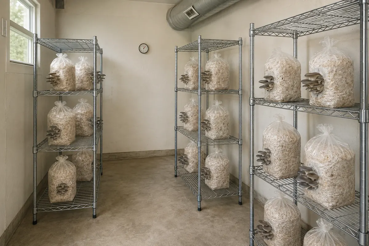 Sala pequeña con estanterías metálicas, bloques de orellanas separados y conducto de ventilación.