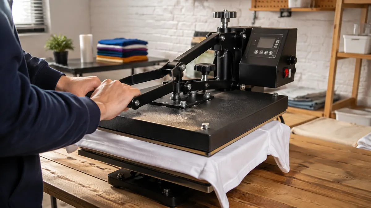 Operador aplicando presión con una plancha térmica sobre una prenda blanca en un taller de sublimación