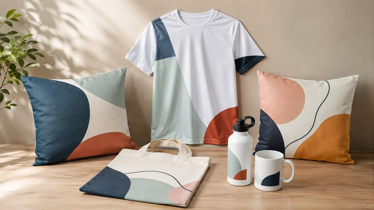 Catálogo de productos terminados para sublimación, con camisetas, cojines, bolsas, botellas y tazas personalizadas