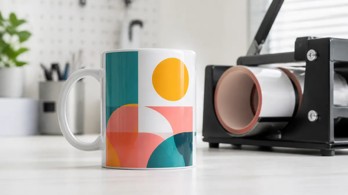 Taza blanca de cerámica con diseño sublimado brillante junto a una prensa cilíndrica para tazas